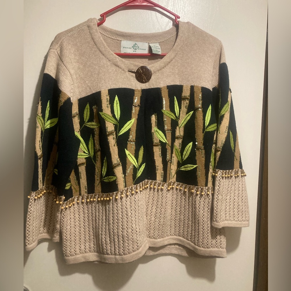 Design Options Vintage Beige and Black Bamboo Cardigan with Leaf Design